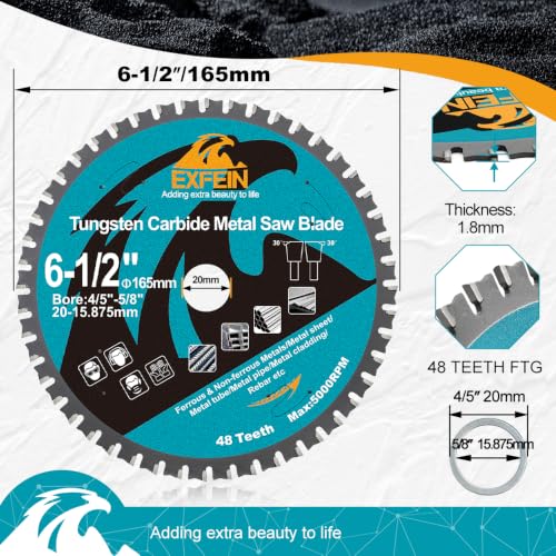 6-1/2" 48T Metal Circular Saw Blade - EXFEIN Tungsten Carbide Tipped Saw Blade Arbor 4/5" for Metal Sheet or Pipe, Angle Iron, Rebar, Ferrous Metals, Non-Ferrous Metals - size: 6-1/2"