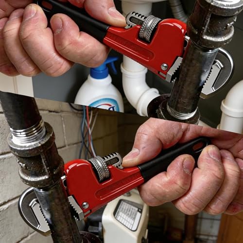 Heavy Duty 6 Inch Adjustable Pipe Wrench - Mini Straight Plumbing Tool for Tight Spaces & DIY Repairs, Red