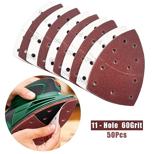 50 PCS Mouse Detail Sander Sandpaper, 60 Grit Palm Sander Sandpaper 11 Holes Hook and Loop Sander Pads Triangular Sanding Sheets Abrasive Sanding Paper for Mouse Sander - size: 60 Grit