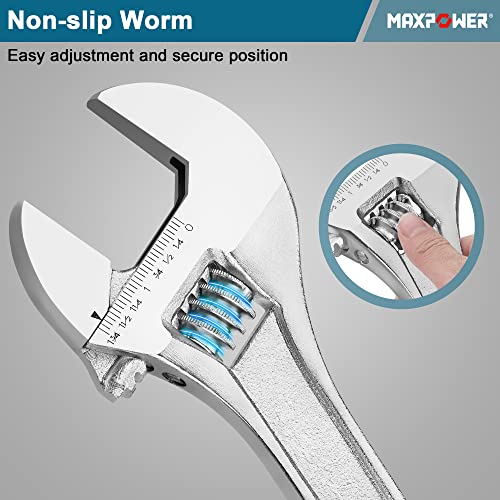 MAXPOWER 15" Adjustable Wrench, 1-3/4" Jaw Opening, Tapered Handle | Adjustable Spanner with SAE/Metric Scales, Polished Finish, and Comfort Grip – Perfect for Plumbing, Nuts, and Pipes - size: 15"