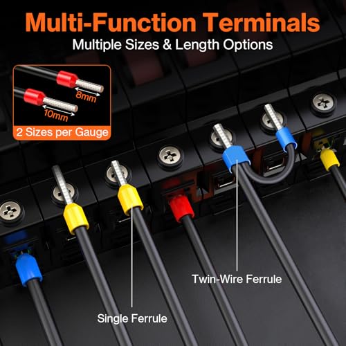 Preciva Ferrule Crimping Tool Kit - AWG 28-5 Hexagonal Ferrule Crimper with Automatic Wire Stripper and 1375Pcs Single/Twin Ferrule Connectors, Self-Adjustable Ratchet Ferrule Terminals Crimping Tool