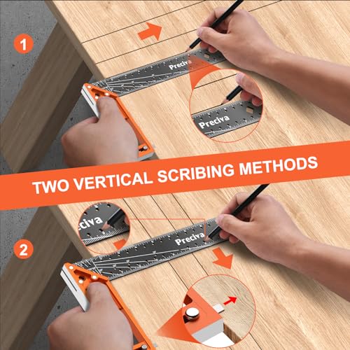 12” Woodworking Square Ruler - Preciva Right Angle Ruler Carpenter Square Layout Tool, Features Stainless Steel Blade, Retractable Ledge, 1/16” and 1/32” Notch Spacing and Multi-Angle Scribe Mark - style: 12 IN