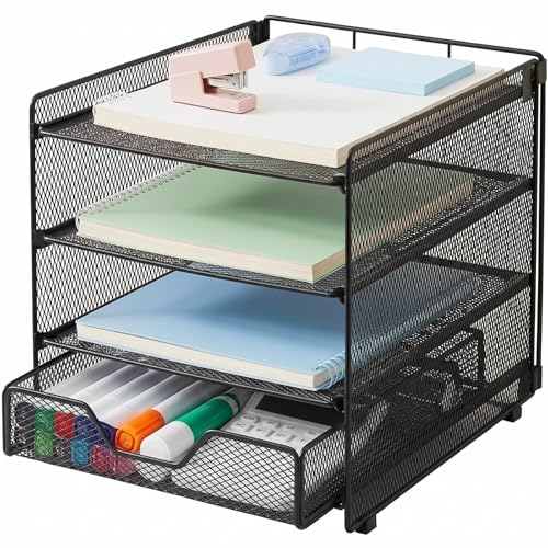 OPNICE Desk Organizer, 4-Tier Desktop File Organizer with Drawer, Office Desk Accessories, File Sorters, Workspace Organizers for Office Supplies(Black Upgraded) - color: Light Black, size: 4T