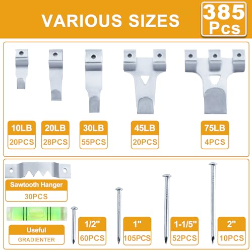 KURUI Picture Hanging Kit for Wall Decor, Frame, Painting, Art, Photo, 385Pcs Picture Hangers with Heavy Duty Hooks, Sawtooth, Hardware Nails, Wall Hangers for Bedroom Office Classroom (Silver) - color: Silver