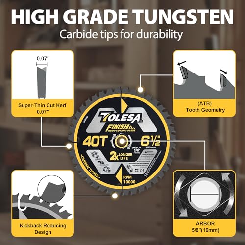 TOLESA 6 1/2 Circular Saw Blades, 40T for Wood and Plywood, 3-Pack - size: 6-1/2'', style: 40T