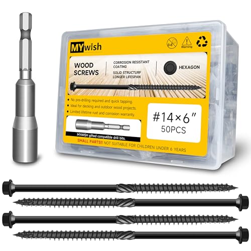 50Pcs 6 Inch Wood Screws, #14 x 6 Heavy Duty Outdoor Wood Screws Assortment Kit Deck Screws, Black Timber Screws Lag Bolts, Hex Socket Included Hex Head Log Landscaping Black Screws By Mywish - size: #14 x 6"