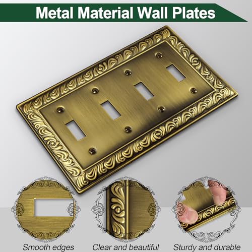 2 Pack Antique Brass Decorative Wall Plate, Quad Toggle Light Switch Cover - size: 4 Gang Quad Toggle