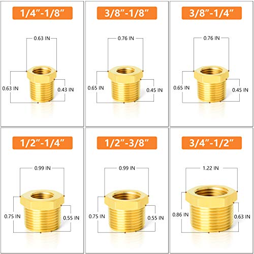 GASHER 12PCS Brass Hex Bushing Fitting Kit Hex Bushing 1/4" - 1/8", 3/8" - 1/8", 3/8" - 1/4", 1/2" - 1/4", 1/2" - 3/8", 3/4" - 1/2" - style: Hex Bushing Kit（12Pcs）