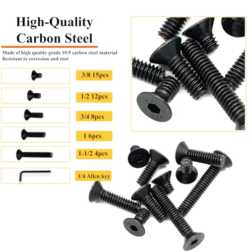 45pcs 1/4-20 5 Sizes Countersunk Head Flat Socket Head Cap Screws Assortment Kit with Allen Keys, Black Grade 10.9 Carbon Steel Socket Cap Bolts Flat Countersunk Head Machine Screws - size: BLACK-5Size-1/4-45P