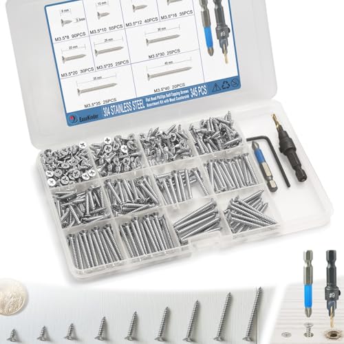 345PCS Flat Head Phillips Wood Screws Assortment Kit, 304 Stainless Steel Self-Tapping Screw with Adjustable Wood Countersink (SS304 M3.5) - size: SS304 M3.5