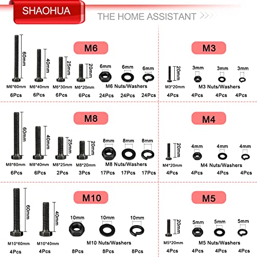 244PCS Hex Head Nuts and Bolts Assortment Kit, M10 M8 M6 M5 M4 M3 Metric Bolt Assortment, Screws and Nuts, Metric Bolt Kit, Grade 8.8 Alloy Steel Black Bolts and Nuts Kit with Lock & Flat Washers - size: B. M3 M4 M5 M6 M8 M10