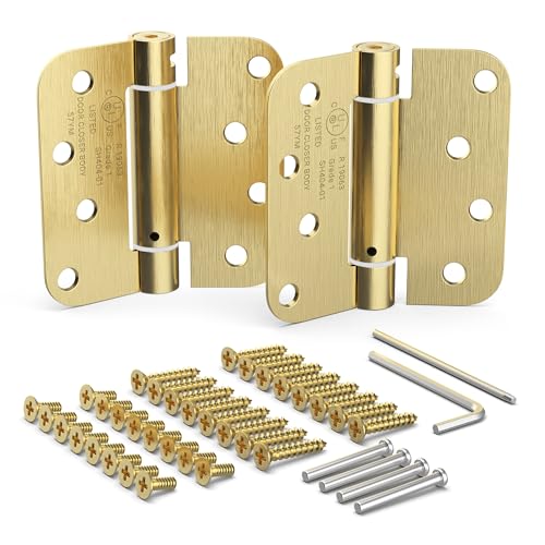 Self Closing Door Hinges, Spring Hinge Door Closer, 5/8” Radius Corner - color: Satin Brass Finish, size: 4 Inch, 5/8 Radius