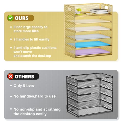 Marbrasse 2 Pack Desk Organizer with Handle, 6 Tier Paper Letter Tray, Mesh Desk File Organizer for Office, School and Home - Gold - color: Gold - 2p