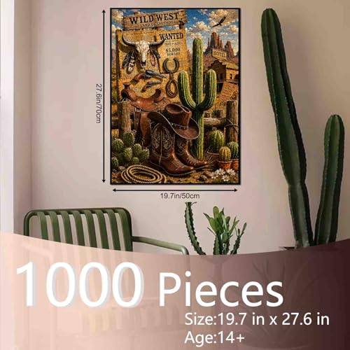 Wild West Jigsaw Puzzles 1000 Pieces for Adults, Family(Cowboy Boots，Wanted,Desert Cactus) Pieces Fit Together Perfectly 19.7''x27.6''inch Frameable American Rustic Western Puzzle Art - color: Boots 01