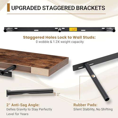 Vivelove 55x12 Floating Shelves 12 Inches Deep, Rustic Brown, Set of 2 - color: Rustic Brown, size: 55”wx12”dx1.5”h