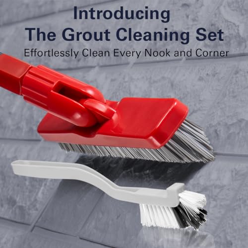 Foxtrot Living Grout Brush with Long Handle and Scrubber, Telescopic - color: Red