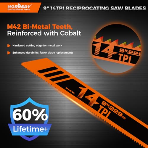HORUSDY 6PCS 9-Inch 14TPI Bi-Metal Reciprocating Saw Blades, Heavy-Duty Blades for Cutting Steel Pipe, Rebar and Sheet Metal, Universal Shank Fits Most Saws - style: 6-Pc 9"Bi-Metal (Metal Cutting)