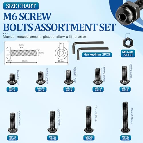 NINDEJIN M6 Button Head Socket Cap Bolts Screws, Metric M6 x 8/10/12/14/16/18/20/25/30mm Screws Bolts Nuts Assortment Kit, 146Pcs Allen Hex Drive, Black Oxide, 10.9 Carbon Steel, Fully Threaded - size: 146PCS M6 8mm-30mm