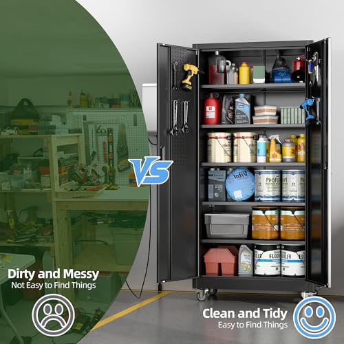 Aobabo Metal Garage Storage Cabinet with Wheels and Pegboard, Black - color: Black, size: 16"D x 32"W x 71"H-0 Drawers