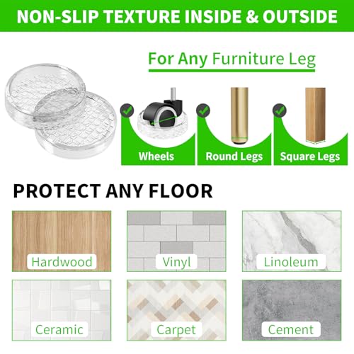 1.6"x1.6" Round Rubber Furniture Caster Cups, 12 PCS Chair Coasters for Carpet - Clear Non Slip Furniture Pads with Grip, Carpet Protector for Furniture Legs - Protect Any Flooring | Clear Carpet Protector for Furniture Legs, Non Slip Furniture Pads for H