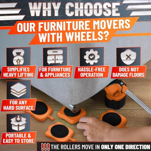 Furniture Lifter Tool with 4 Appliance Rollers 660 Lbs - Furniture Lifters for Heavy Furniture Movers with Wheels Furniture Lift Mover Tool Set - Heavy Furniture Sliders Moving Furniture Gliders - color: Orange