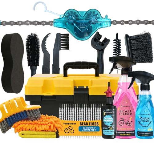 17PCS Bike Cleaning Kit, Bicycle Cleaner Toolbox with All-Weather Chain Lube, Chain Scrubber, Degreaser, Body Cleaner, Brushes, Sponge, Towel & Gear Floss for MTB/Mountain/Road/E Bikes