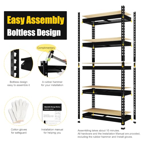 PrimeZone 5-Tier Garage Storage Shelves, Adjustable Metal Shelving, Black - size: 28"W x 12"D x 59"H