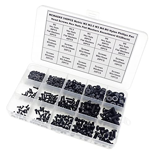 540PCS Metric M2 M2.5 M3 M4 M5 Nylon Phillips Pan Head Screws Hex Nuts Flat washers Assortment Kit(Black) - size: M2, M2.5, M3, M4, M5