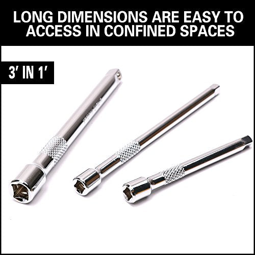 9-Piece Socket Extension Bar Set, Ratchet Extension Bar Set,1/4", 3/8", and 1/2" Impact Drive Socket, Drive Tool Accessory, CR-V Steel Storage Tray - color: 9-pcs Chrome Extension