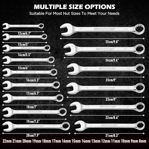15-Piece Metric Combination Wrench Set, 8–22mm 12-Point Open End and Box End Wrench Kit with Organizer, Chrome Vanadium Steel Tools for Mechanics, Garages and Workshops - style: 15-Piece Combination (Metric)