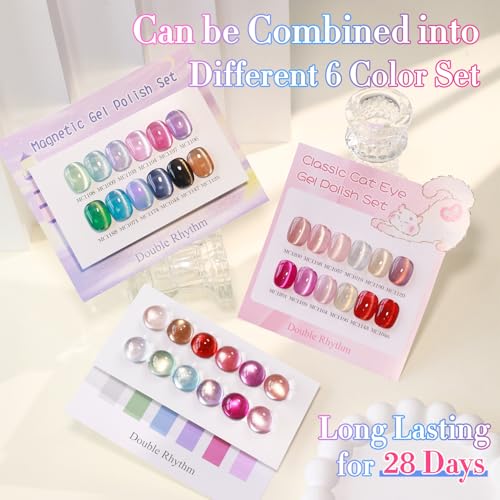 Double Rhythm 28Pcs 0.5Oz Cat Eye Gel Nail Polish Set Same Color Same Bottle Magnetic Gel Polish Kit Nail Art Manicure Salon DIY at Home (Silver Gold Red Black-T24-7) - color: Cat Eye Silver