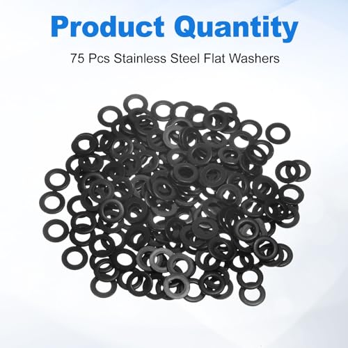 uxcell 75Pcs M5 304 Stainless Steel Flat Washers, ID 5mm, OD 12mm, Thickness 1mm Round Metal Washers for Screws Bolts, Outdoor Construction, Black - size: M5*12*1mm