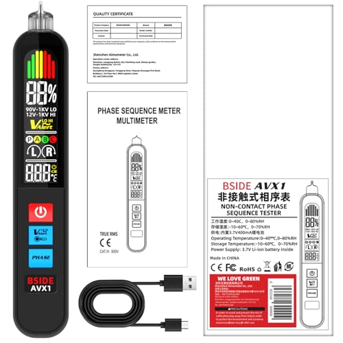BSIDE Voltage Tester, Non-Contact with 3-Phase Rotation Indicator & Signal Percentage, Rechargeable AC Electrical Voltage Detector Pen, High/Low Sensitivity with 6 Ranges, 3-Mode Alarm with Analog Bar
