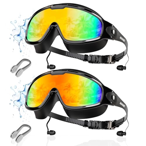 Aegend New Adult Wide View Swim Goggles, Anti-Fog/UV No Leak Swimming Goggles with Ear Plugs for Men & Women - color: Bright Orange & Aqua