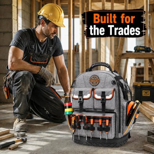 LOKASS Tool Backpack Heavy Duty, 18.5 in, 56 Pockets, Molded Bottom, Gray - color: Gray