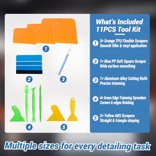 AZY 11PCS Auto Body Tool Set, Body Filler Spreaders, Plastic Putty Knife and Squeegee Tools for Auto Body Repair, Window Tint Application, Vinyl Wrap Installation and DIY Projects