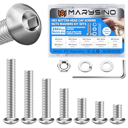 244 Pieces M5 Screw, Button Head Socket Cap Metric Screws Assortment Kit, 304 Stainless Steel Bolts and Washers/Nuts/Hex Wrenches M5*8/10/12/16/20/25/30mm - size: 244Pcs M5
