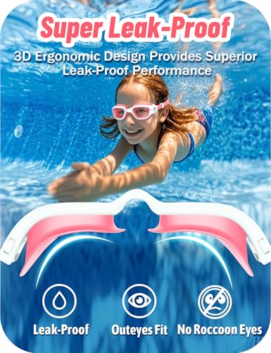 Vvinca Kids Swim Goggles, Swimming Goggles for Kids 3-14 Anti-Fog UV Protection No Leak Pool Glasses for Boys Girls - color: 07 - Red & White