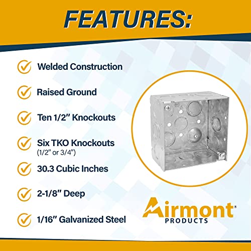 Pack of Box and Cover 4'' Square Electrical Box, 1 Rocker Switch, 1 Duplex Receptacle Exposed Work Cover, Crushed Corners, Welded Construction, Ten 1/2'' and Six TKO Knockouts, Raised Ground, 2-1/8'' - size: Rocker / Duplex