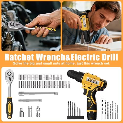 Tool Kit Box Drill Set with 12V Power Cordless Drill 299-Piece Tool Kit for Home Tool Set Storage Case with Drawer General Household Drill Set for Home Mechanics Repairs Men & Women, DIY