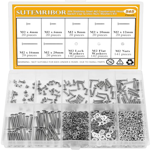565 Pieces M2 Screws Nuts Washers Set, Sutemribor M2 x 4/6/8/10/12/16/20mm Countersunk Head Socket Cap Screws Nuts Washers Assortment Kit, 304 Stainless Steel, Fully Threaded - size: M2, style: Countersunk Head Socket Cap