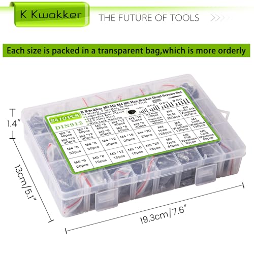 M2 M3 M4 M5 Hex Socket Bolt & Nut Assortment Kit, 2410Pcs - size: K. M2 M3 M4 M5