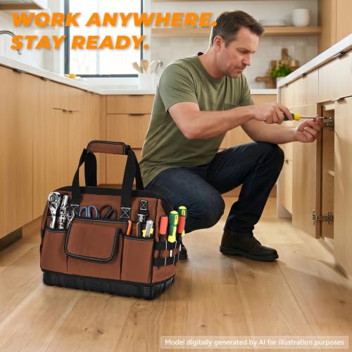 Heavy Duty Canvas Tool Bag, Wide Mouth Tool Tote Organizer - color: Brown