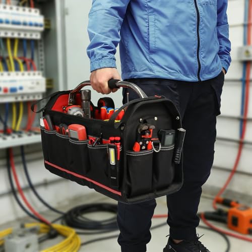 HAUTMEC 20" Heavy-Duty Open Top Tool Bag with Waterproof Clear Cover, Large Tool Tote with Rotating Handle, Rigid Frame, Wear-Resistant Hard Base & Padded Shoulder Strap – HT0296 - style: Tool Tote | Waterproof