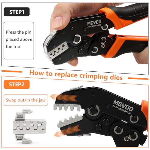 Wire Crimping Tool Kit 7Pcs Ratchet Wire Crimper for Insulated Nylon Connector,Non-Insulated Butt Connectors Ring Terminals,Open Barrel Terminals,Solar Connectors - Crimp Tool with 6 Dies