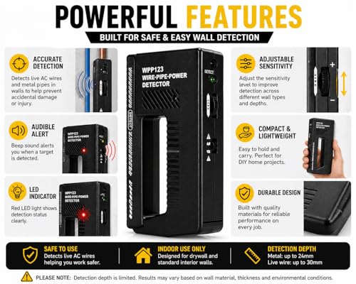 WPP123 Wire & Pipe Detector – Handheld Metal & Live AC Wire Scanner for Drywall with Sensitivity Control