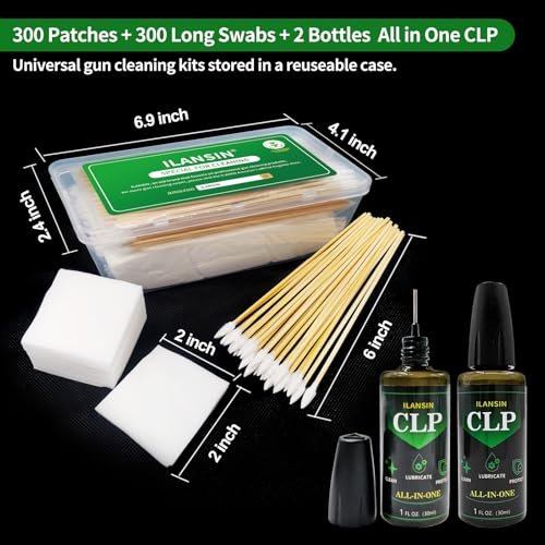 1700PCS gun cleaning supplies—1500PCS Gun Cleaning Patches +200PCS Gun Cleaning swabs,2"x2"Lint Free Gun Cleaning Rags,6"Long Cotton swabs for 9mm and All Caliber of Firearms.Gun Cleaning Kit - color: 300Patches+ 300Pointed Swabs+ 2 Bottles CLP