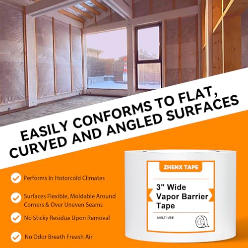 Vapor Barrier Tape, High-Adhesion Waterproof Seam Tape, Insulation Tape 3" Wide x 180' Long, PE Seal Tape 9 mm, for Crawlspaces Barriers Seal and Seam Insulation Repairs & Plastic Liners, 4 Roll