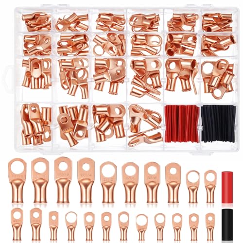 220 Pcs Battery Cable Ends Kit Battery Terminal Connectors with 110 Pcs Awg 1 2 4 6 8 1/0 2/0 Gauge Heavy Duty Copper Wire Lugs Kit Lugs Ring Terminals Gauge with 110 Items 3: 1 Heat Shrink Tubing