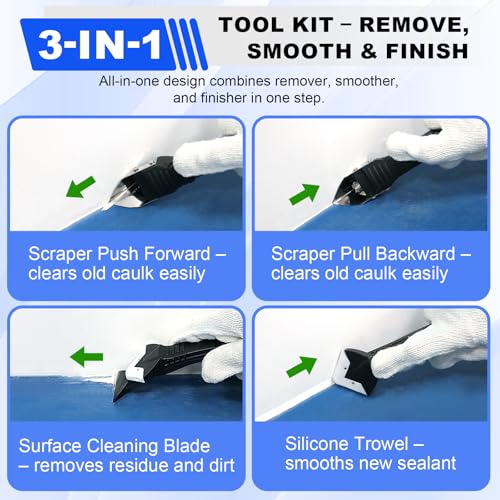 Silicone Caulking Tool Kit, 3 in 1 Caulk Remover, Grout Removal Scraper and Sealant Finishing Tool, Glass Glue Angle Scraper for Floor Window Sink Joints Bathroom Kitchen (Black)